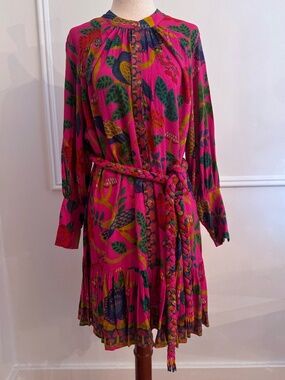 FARM Rio Sweet Forest Pink Mini Dress Braided Tie Belt Long Sleeve NWT XS